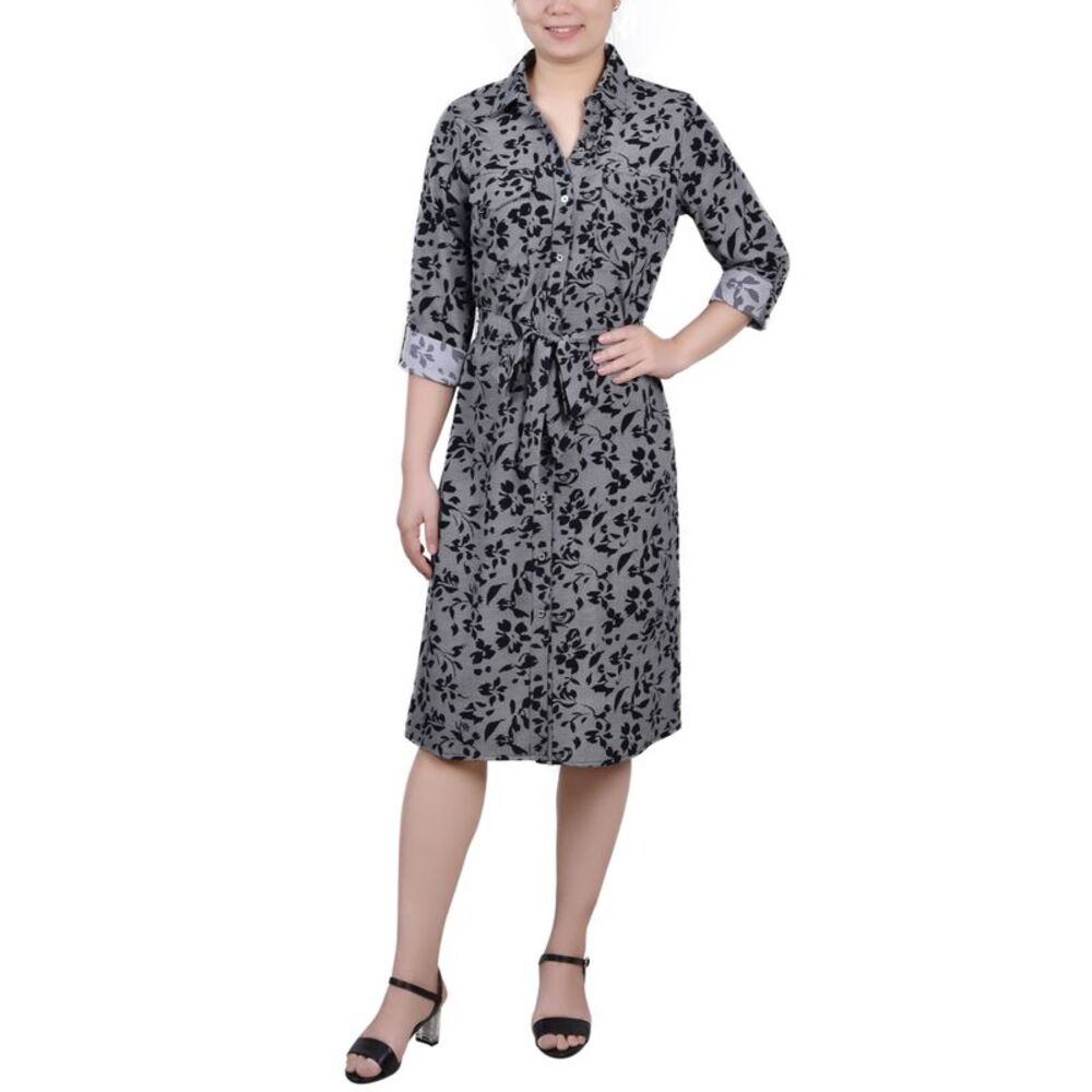 NY Collection Petite Printed Long Sleeve Roll Tab Shirtdress